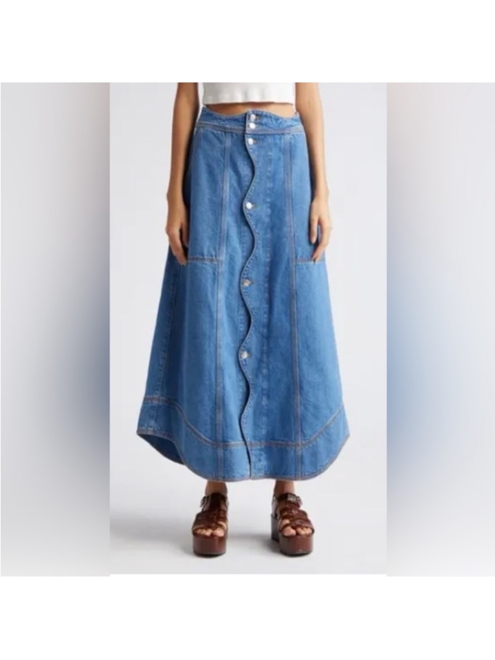 FARM Rio Blue Scalloped Button-Front Denim Maxi Skirt with pockets